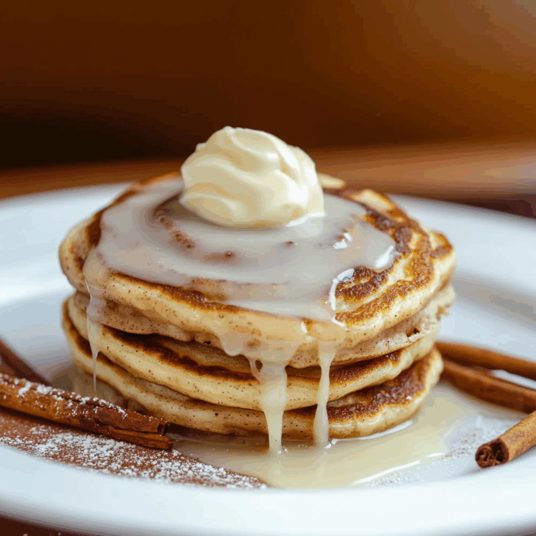 Fluffy Cinnamon Roll Pancakes with Cream Cheese Glaze