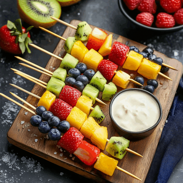 Vibrant Rainbow Fruit Skewers with Creamy Dip