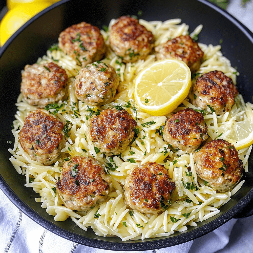 Greek Chicken Meatballs with Lemon Orzo