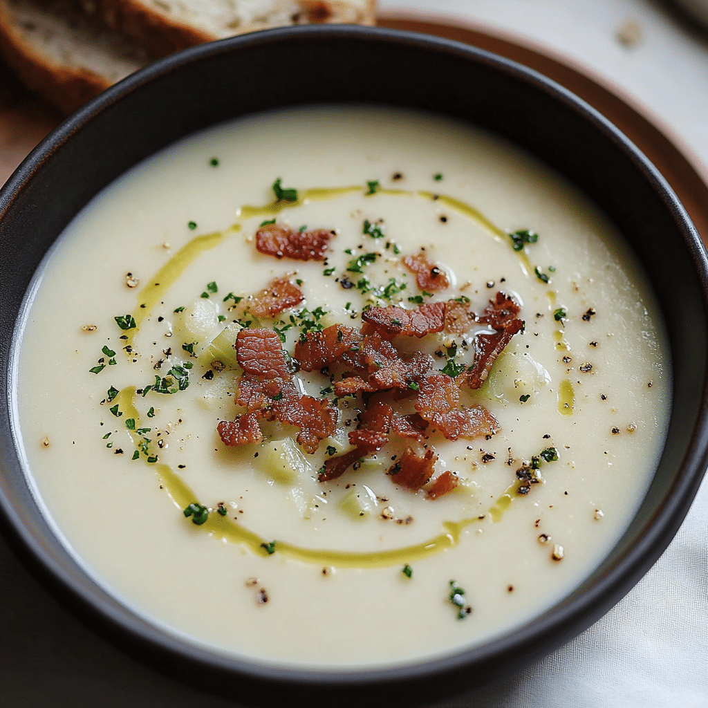 Creamy Cauliflower and Leek Soup with Crispy Bacon