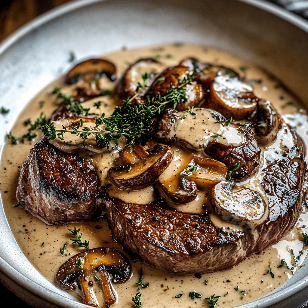 Pan Seared Steak with Mushroom Cream Sauce