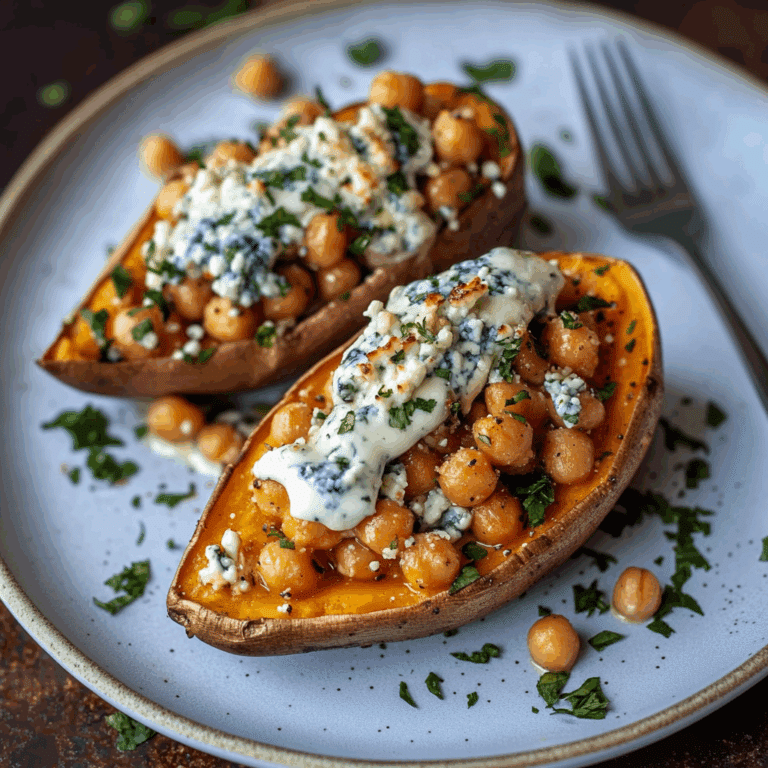 Slow Roasted Sweet Potatoes with Spicy Garlic Chickpeas and Blue Cheese Sauce Recipe