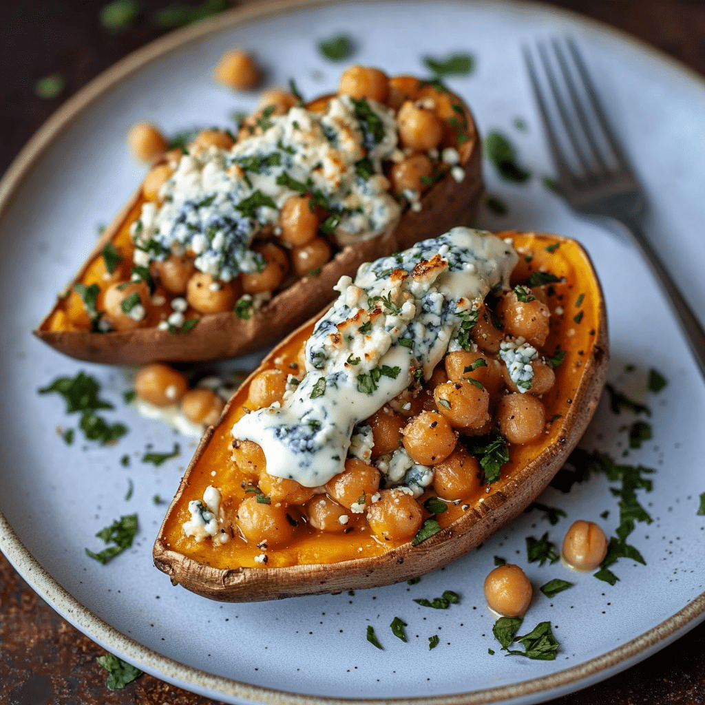 Slow Roasted Sweet Potatoes with Spicy Garlic Chickpeas and Blue Cheese Sauce Recipe