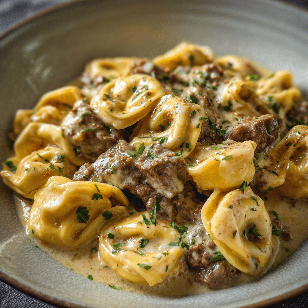 Beef Cheesesteak Tortellini with Provolone Sauce