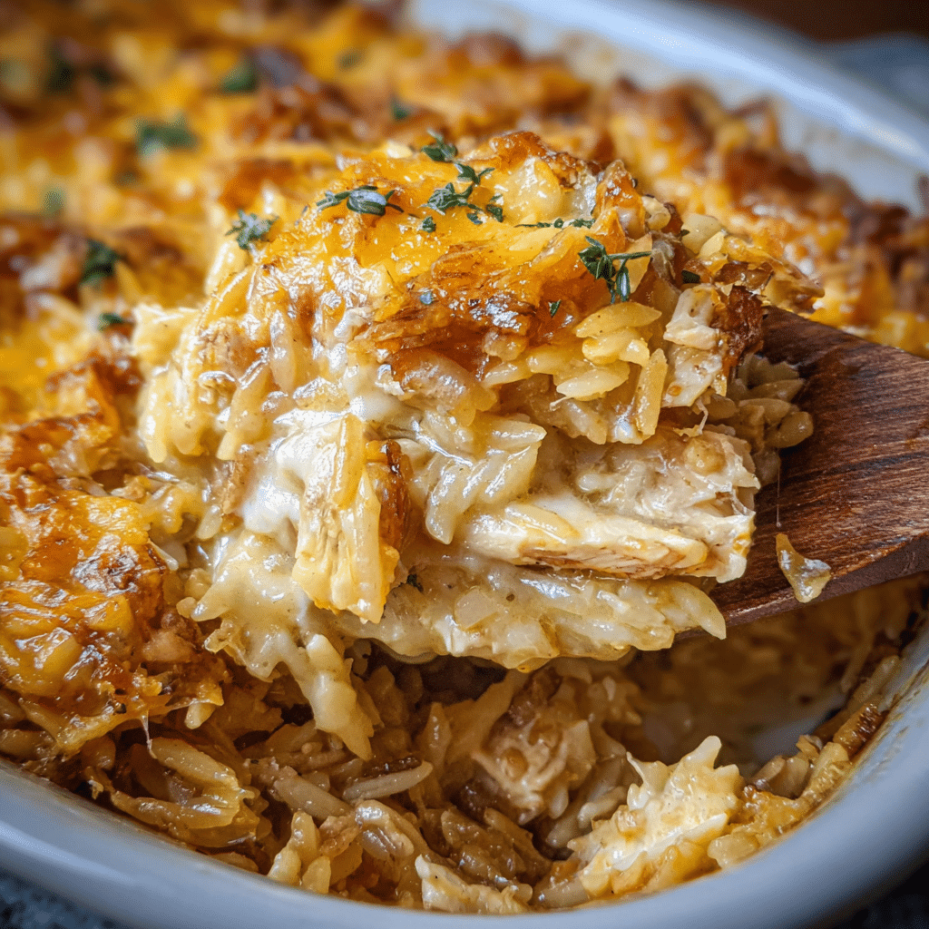French Onion Chicken Orzo Casserole