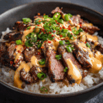 Korean BBQ Steak Rice Bowls with Spicy Cream Sauce