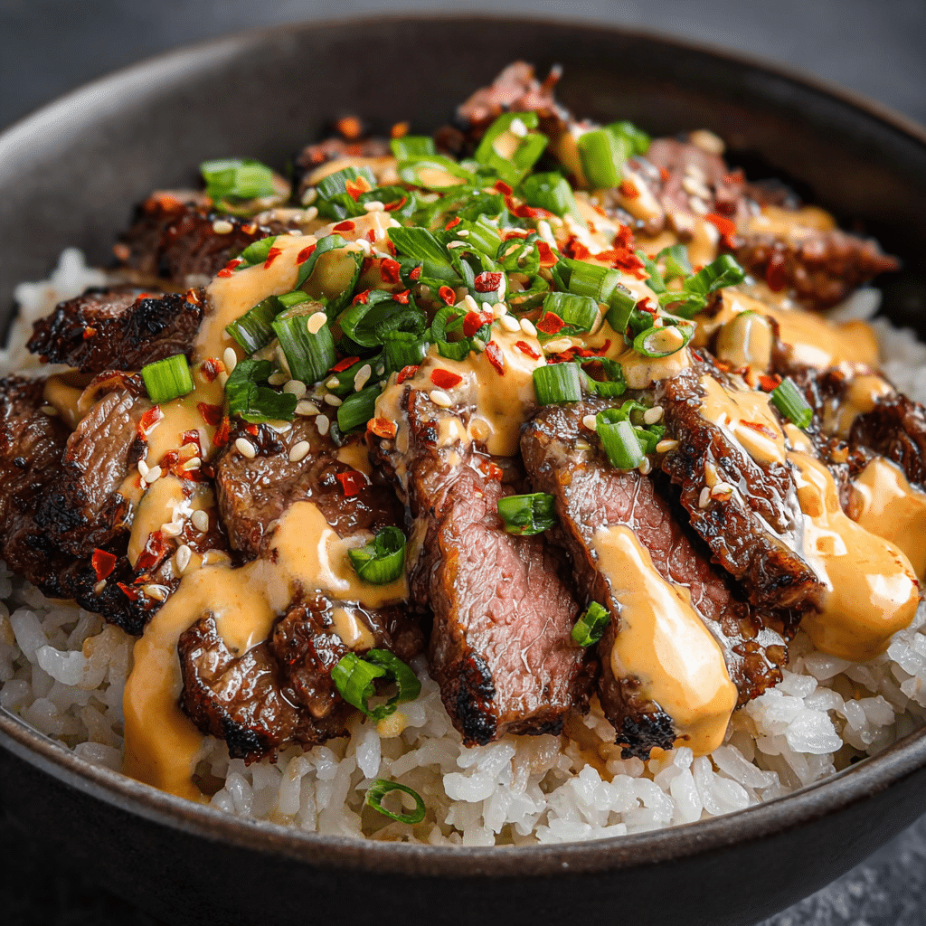 Korean BBQ Steak Rice Bowls with Spicy Cream Sauce