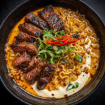 Spicy Korean Ramen with Grilled Beef & Creamy Sauce